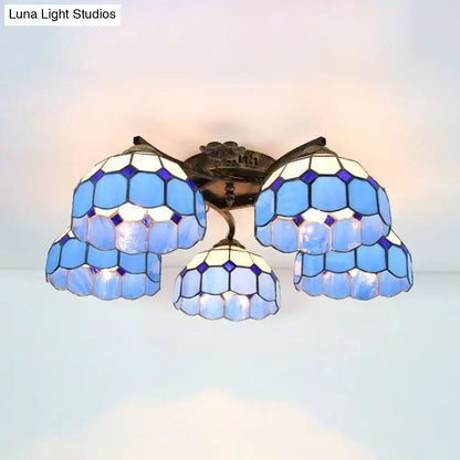 DecorBites tiffany stained glass ceiling light with blue and white glass and antique bronze scalloped heads for bedroom