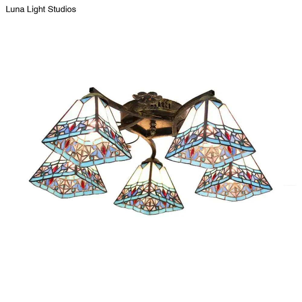 DecorBites tiffany stained glass ceiling light with five blue red beige shades and antique bronze scalloped frame for bedroom