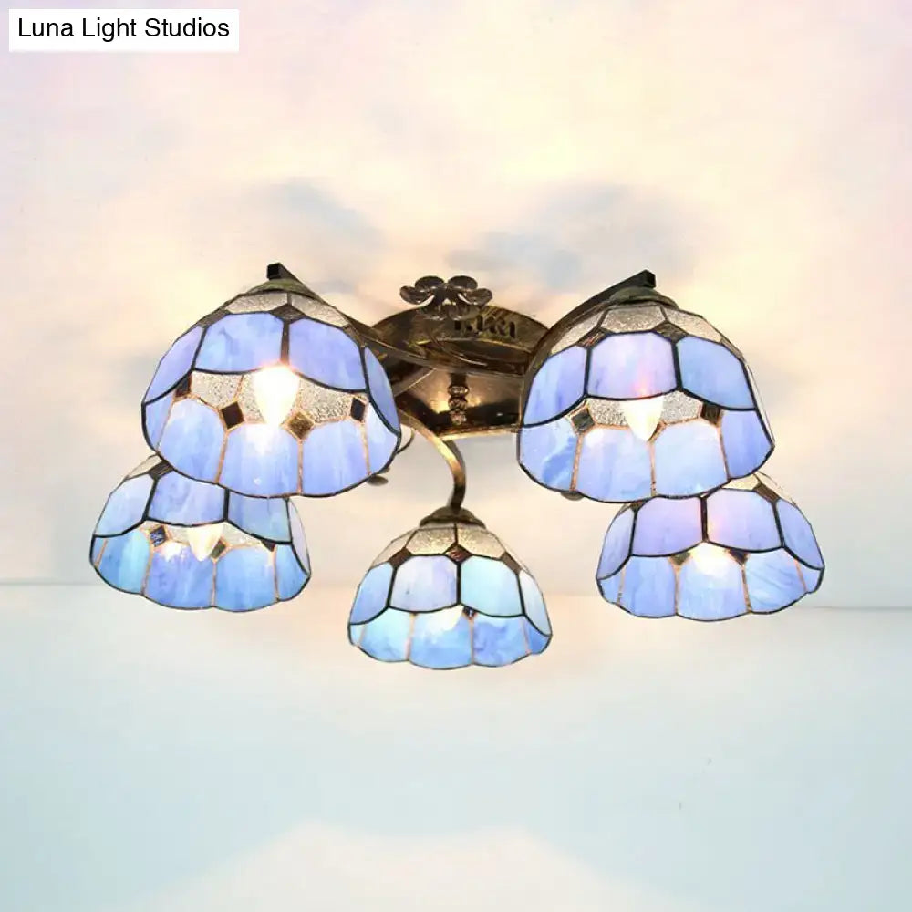 DecorBites tiffany stained glass ceiling light with blue scalloped heads and antique bronze finish for bedroom