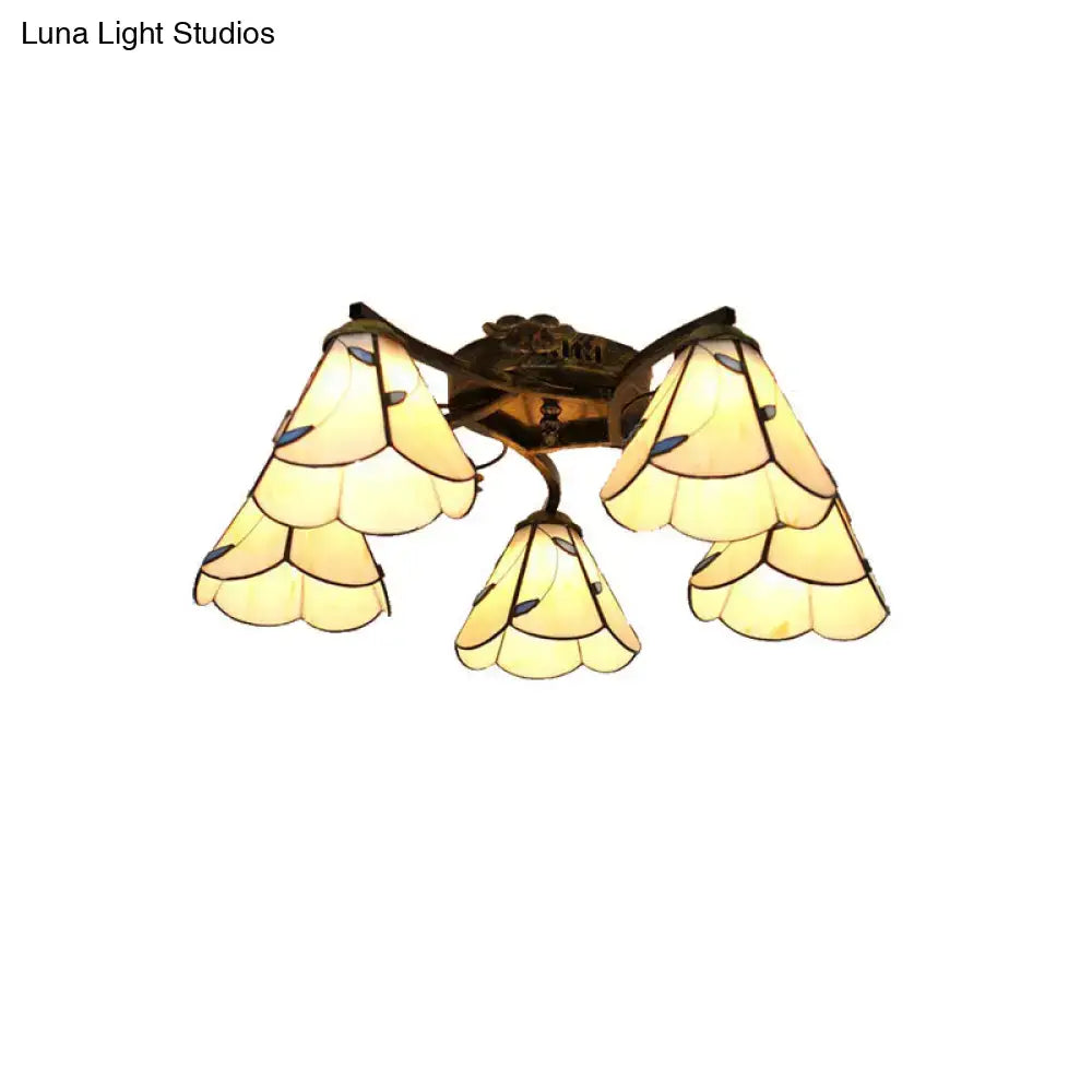 DecorBites™ tiffany stained glass ceiling light with three amber blossom shades in antique bronze for bedroom use