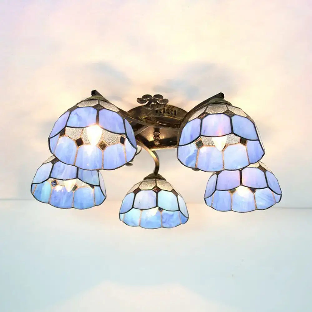 DecorBites tiffany stained glass ceiling light with blue scalloped heads and antique bronze finish for bedroom