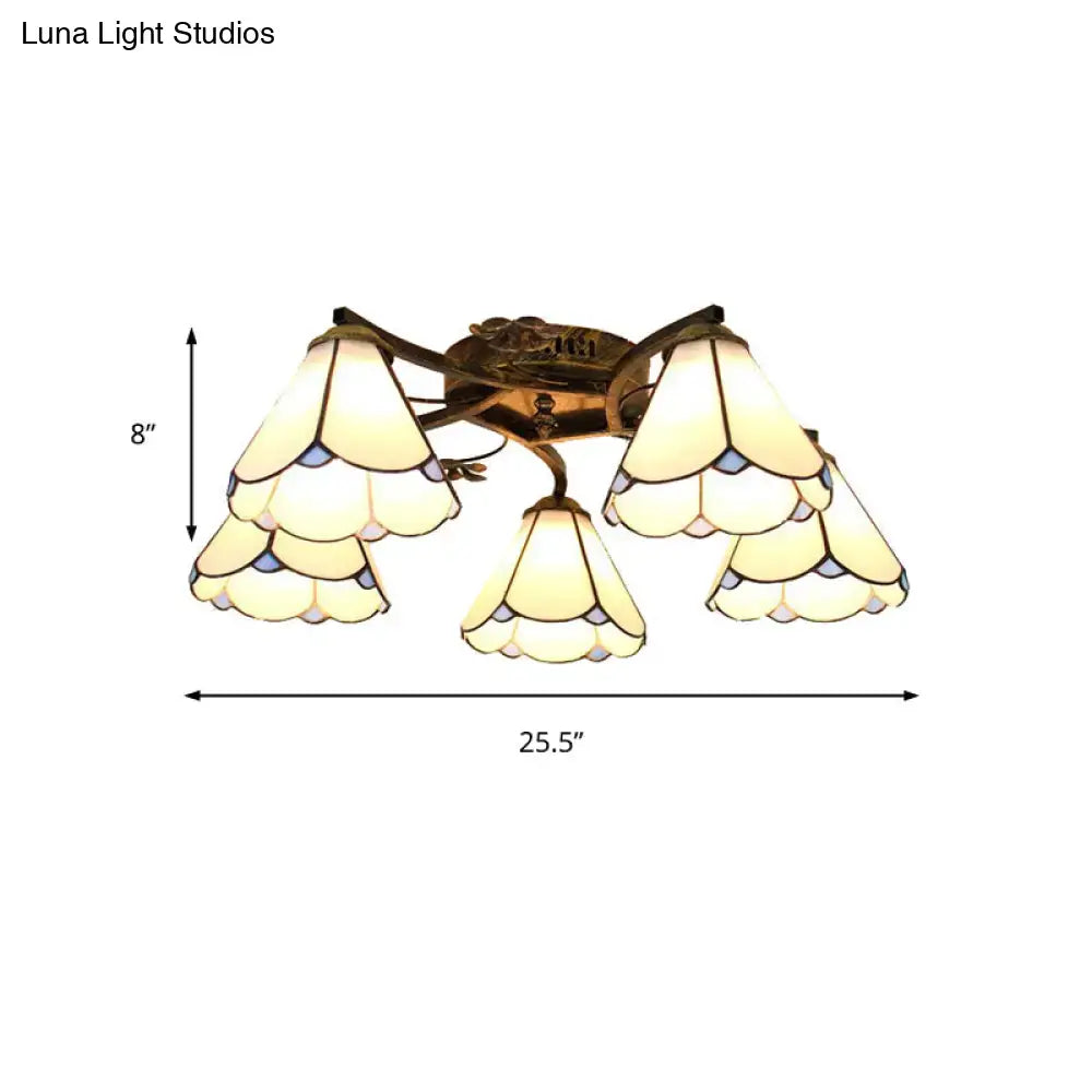Decorbites tiffany stained glass ceiling light with five scalloped cream and light blue shades in antique bronze finish