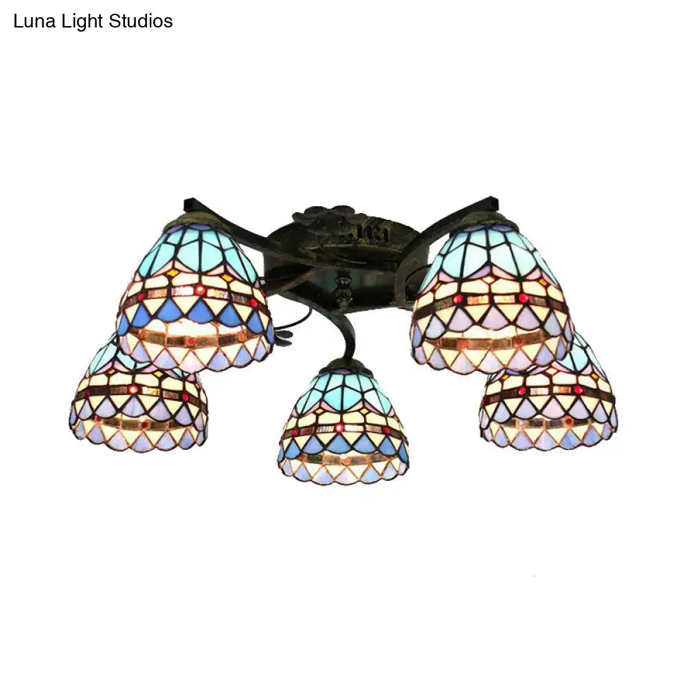 Decorbites tiffany stained glass ceiling light with five scalloped antique bronze shades in blue lavender and gold tones