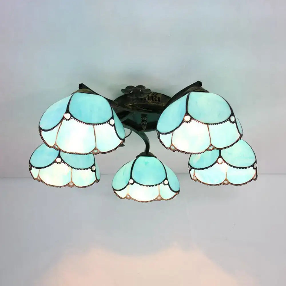 DecorBites tiffany stained glass ceiling light with five light blue and white flower-shaped shades in antique bronze