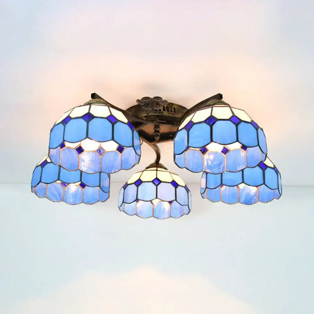 DecorBites™ tiffany stained glass ceiling light with blue hexagonal panels and antique bronze finish for bedroom