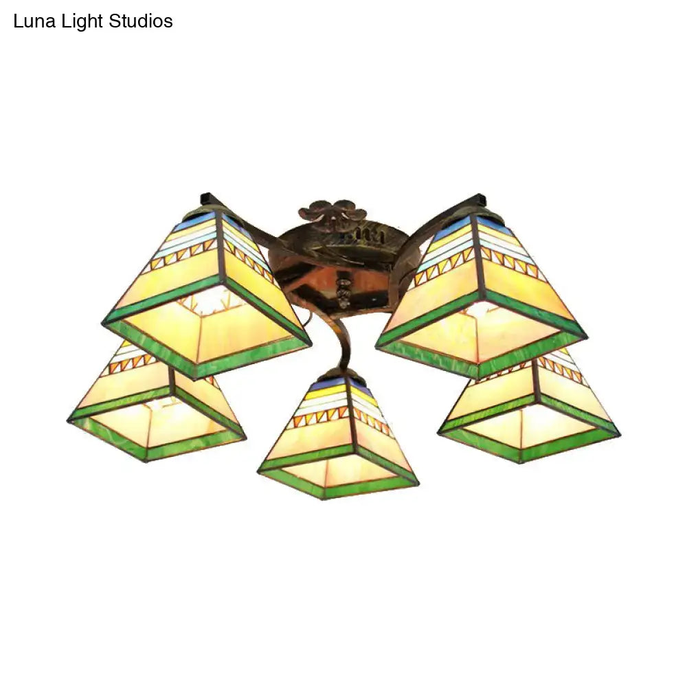 Decorbites tiffany stained glass ceiling light with five amber green and blue shades in antique bronze finish