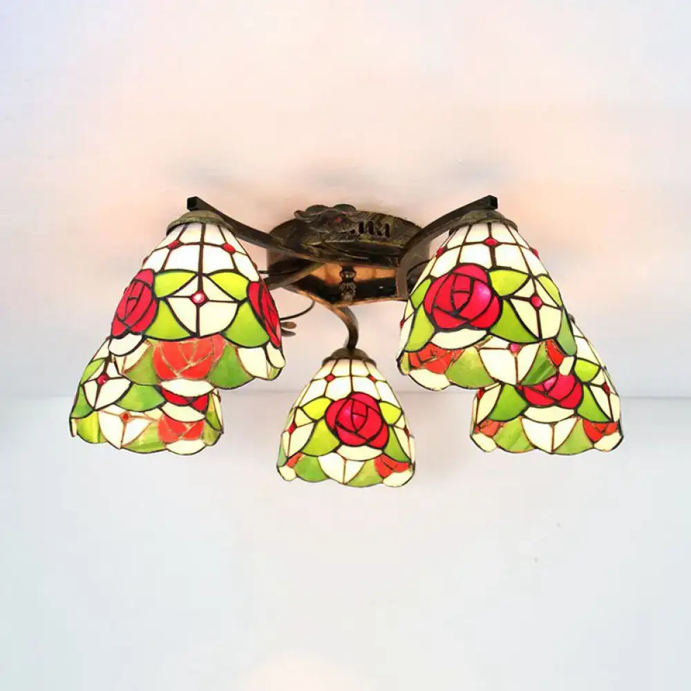 DecorBites tiffany stained glass ceiling light with antique bronze frame and red rose stained glass shades for bedroom