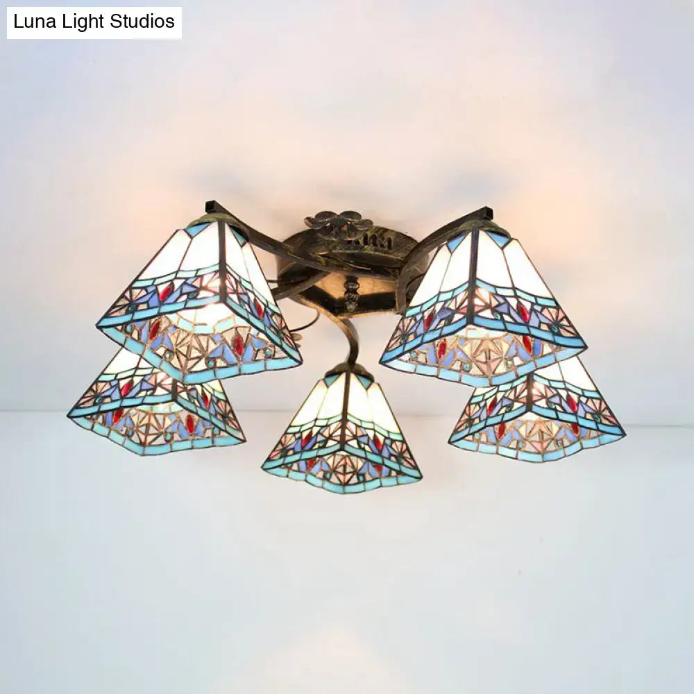 DecorBites™ tiffany stained glass ceiling light with five scalloped heads in blue red clear glass and antique bronze frame