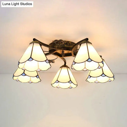 DecorBites™ tiffany stained glass ceiling light with five cream and pale blue shades in antique bronze frame for bedroom