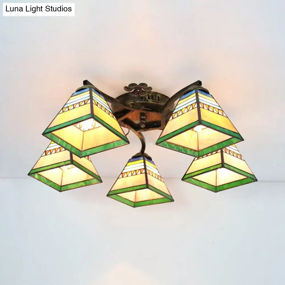 Decorbites tiffany stained glass ceiling light with antique bronze finish and green yellow blue geometric patterns