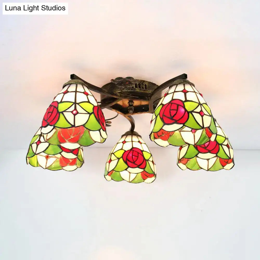 DecorBites tiffany stained glass ceiling light with antique bronze finish and four rose-patterned shades in red green cream
