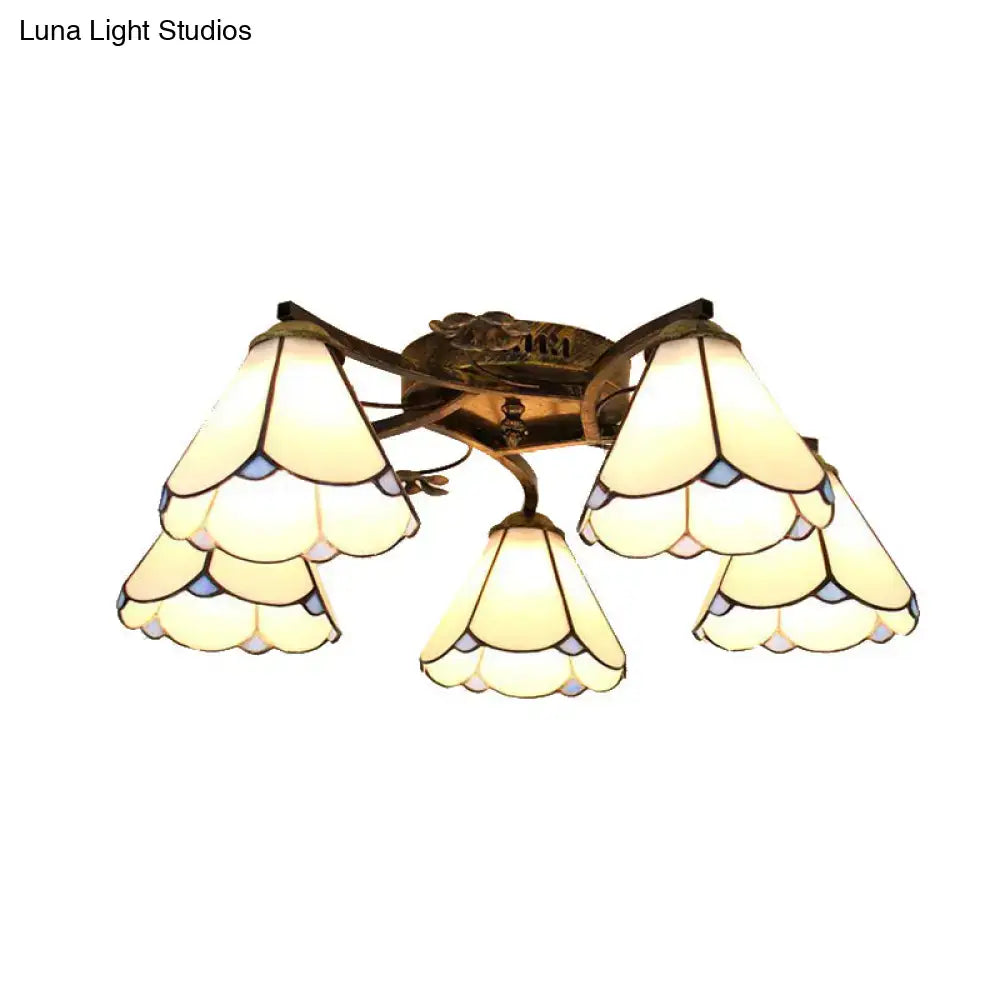 DecorBites™ tiffany stained glass ceiling light with five cream stained glass shades in antique bronze for bedroom use