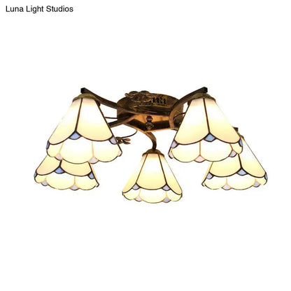DecorBites™ tiffany stained glass ceiling light with five cream stained glass shades in antique bronze for bedroom use