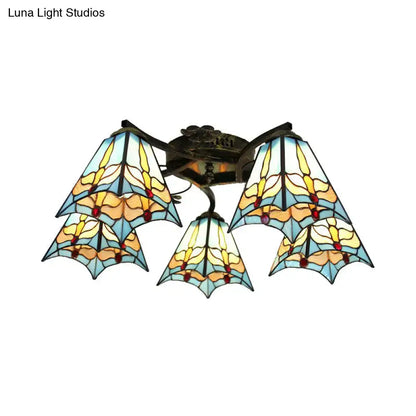 Tiffany stained glass ceiling light with five scalloped blue yellow amber shades in antique bronze for bedroom decor