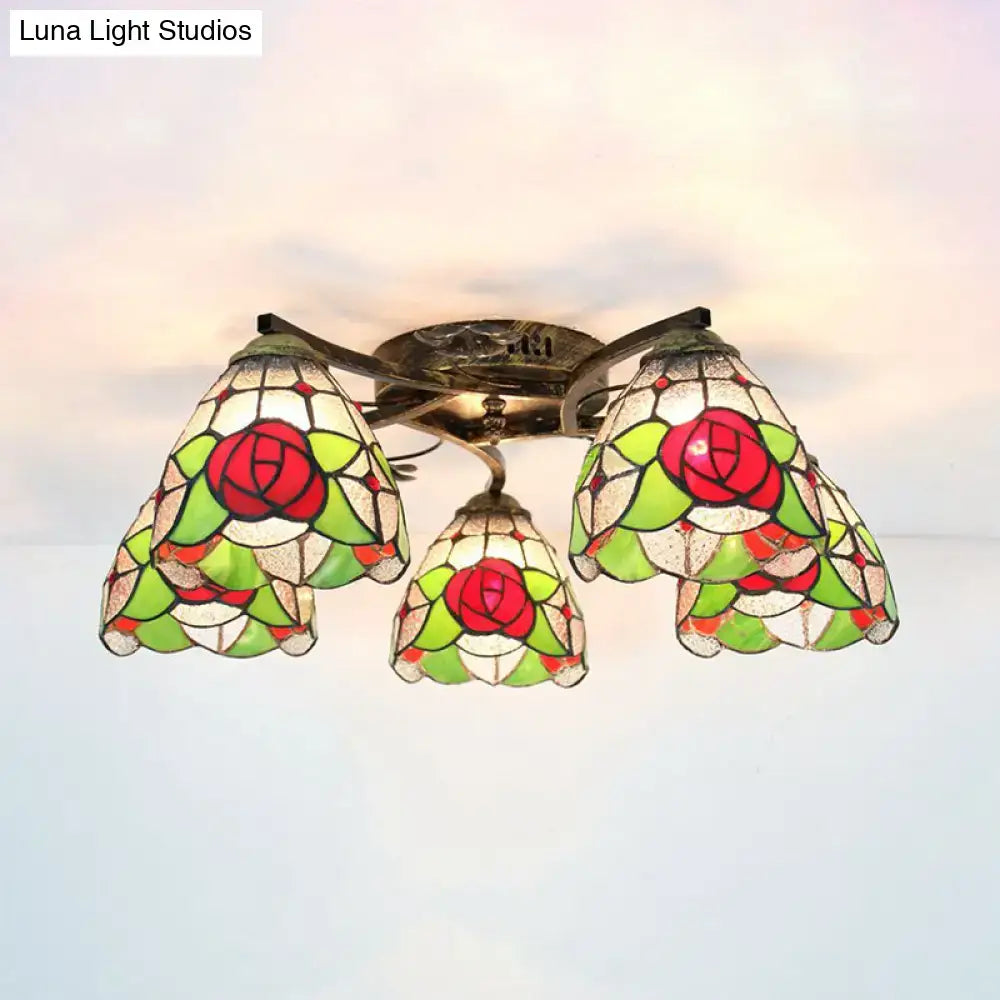 Decorbites tiffany stained glass ceiling light with three red rose bell-shaped shades in antique bronze frame