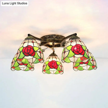 Decorbites tiffany stained glass ceiling light with three red rose bell-shaped shades in antique bronze frame