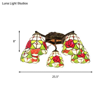 Decorbites tiffany stained glass ceiling light in antique bronze with five scalloped rose-patterned shades in red green and cream