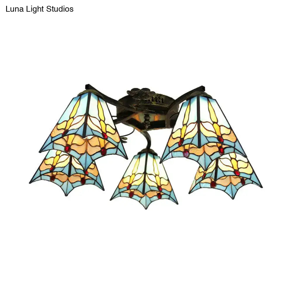 DecorBites™ Tiffany stained glass ceiling light with five wing-shaped shades in antique bronze for bedroom use