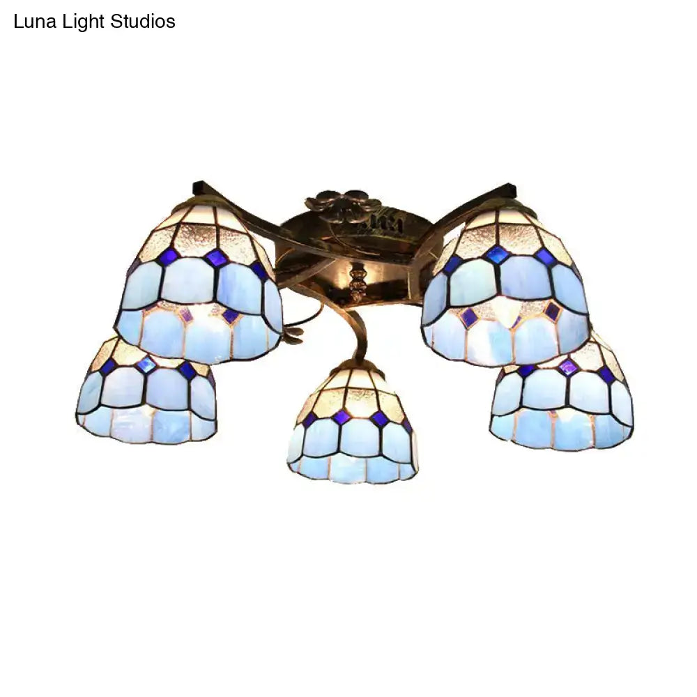 Decorbites tiffany stained glass ceiling light in antique bronze with blue and white scalloped glass heads for bedroom