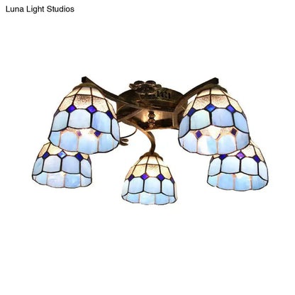 Decorbites tiffany stained glass ceiling light in antique bronze with blue and white scalloped glass heads for bedroom