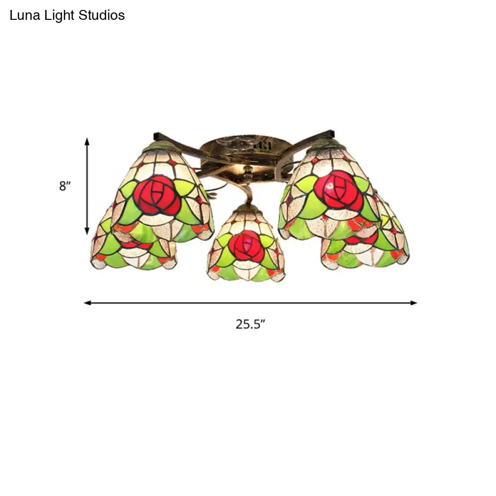 Decorbites tiffany stained glass ceiling light with three rose-patterned shades in red green cream and antique bronze finish