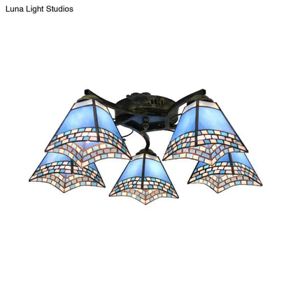 Decorbites tiffany stained glass ceiling light with blue mosaic patterns and antique bronze frame for bedroom use