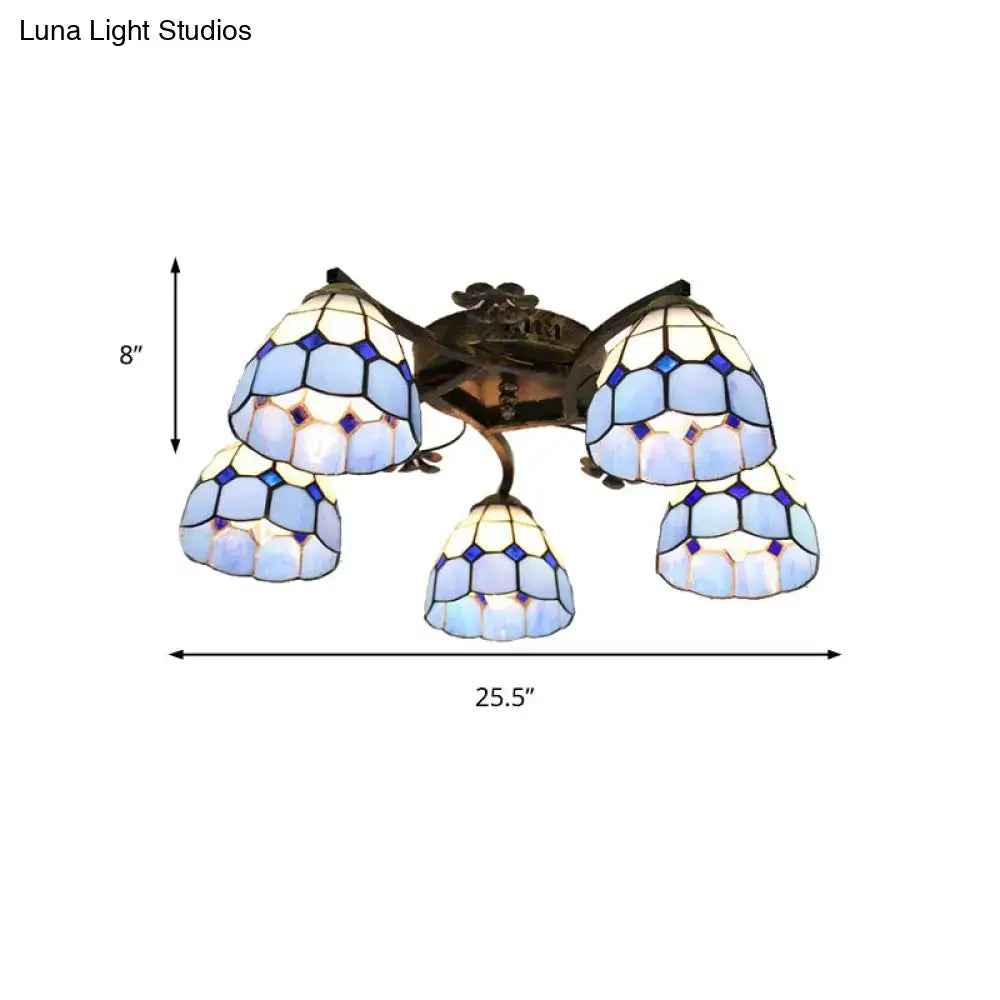 Decorbites tiffany stained glass ceiling light with blue and white scalloped heads and antique bronze finish