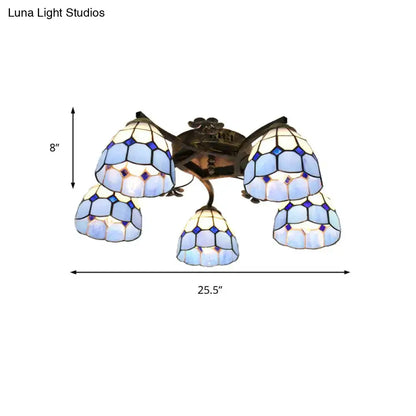 Decorbites tiffany stained glass ceiling light with blue and white scalloped heads and antique bronze finish
