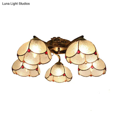 Decorbites tiffany stained glass ceiling light in antique bronze with five scalloped frosted glass shades and red gemstone accents