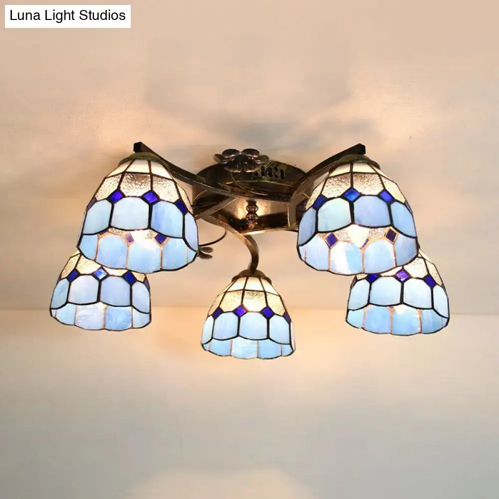 Decorbites tiffany stained glass ceiling light in antique bronze with blue white and purple scalloped heads for bedroom