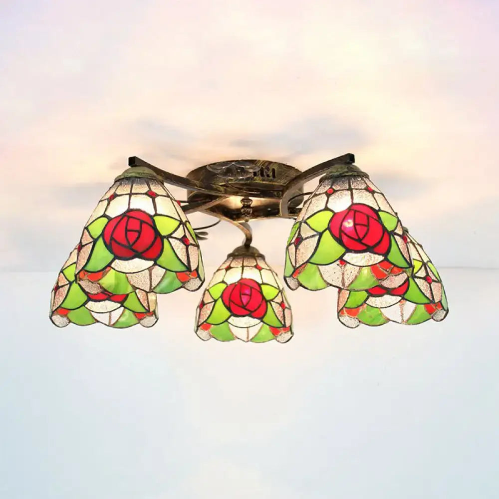 Decorbites tiffany stained glass ceiling light with three red and green rose motifs and antique bronze frame for bedroom