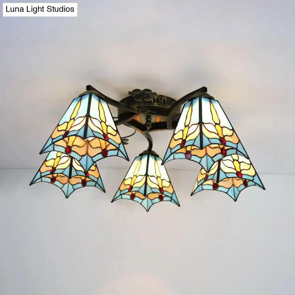 DecorBites tiffany stained glass ceiling light with 5 butterfly wing shades in blue yellow white antique bronze