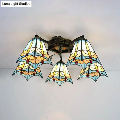 DecorBites tiffany stained glass ceiling light with 5 butterfly wing shades in blue yellow white antique bronze