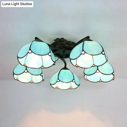 Decorbites tiffany stained glass ceiling light with five light blue white shades in antique bronze for bedroom use