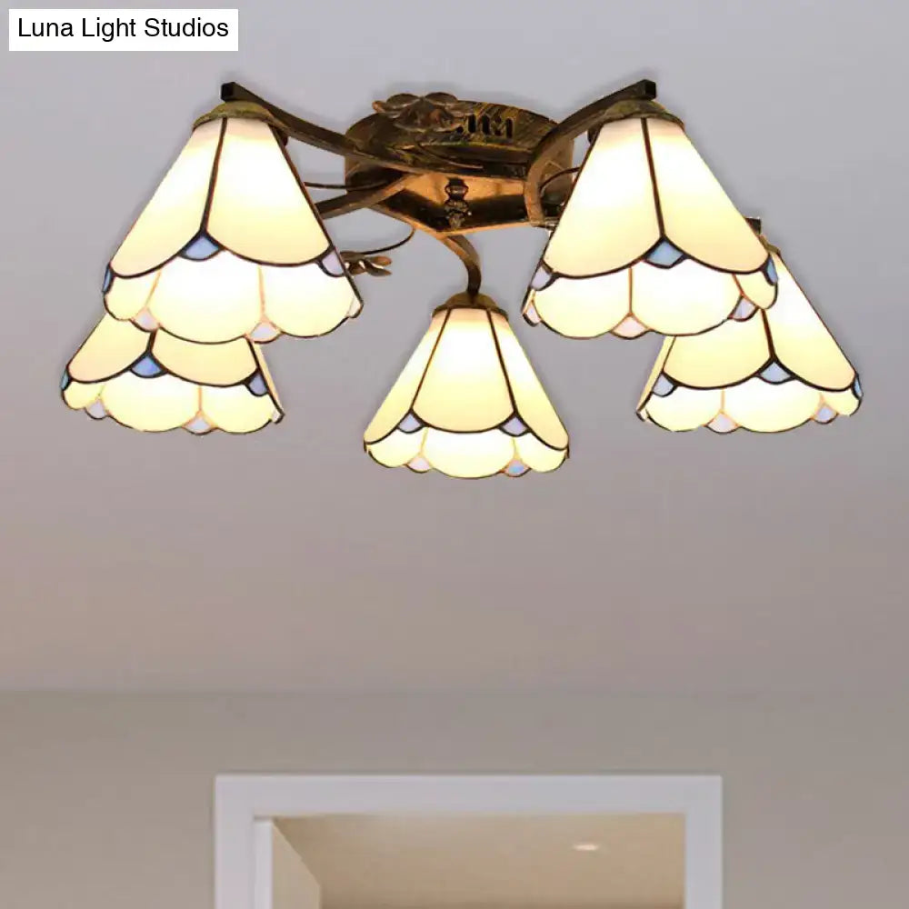 DecorBites™ tiffany stained glass ceiling light in antique bronze with five scalloped cream and blue floral shades