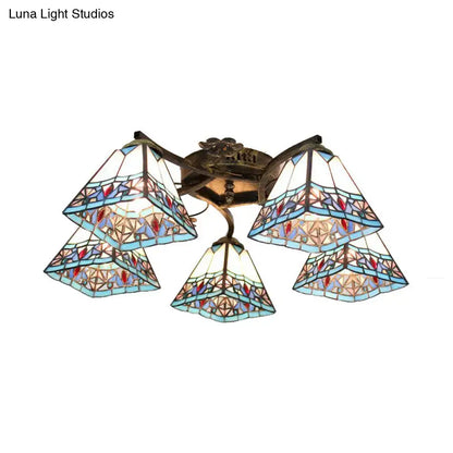 Decorbites tiffany stained glass ceiling light with five triangular blue red and beige shades on antique bronze frame