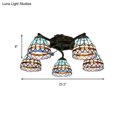 Decorbites tiffany stained glass ceiling light with five pastel blue lavender and cream shades in antique bronze