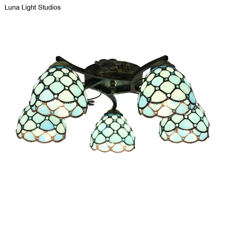 DecorBites™ antique bronze ceiling light with five scalloped tiffany stained glass shades in pale blue and white mosaic