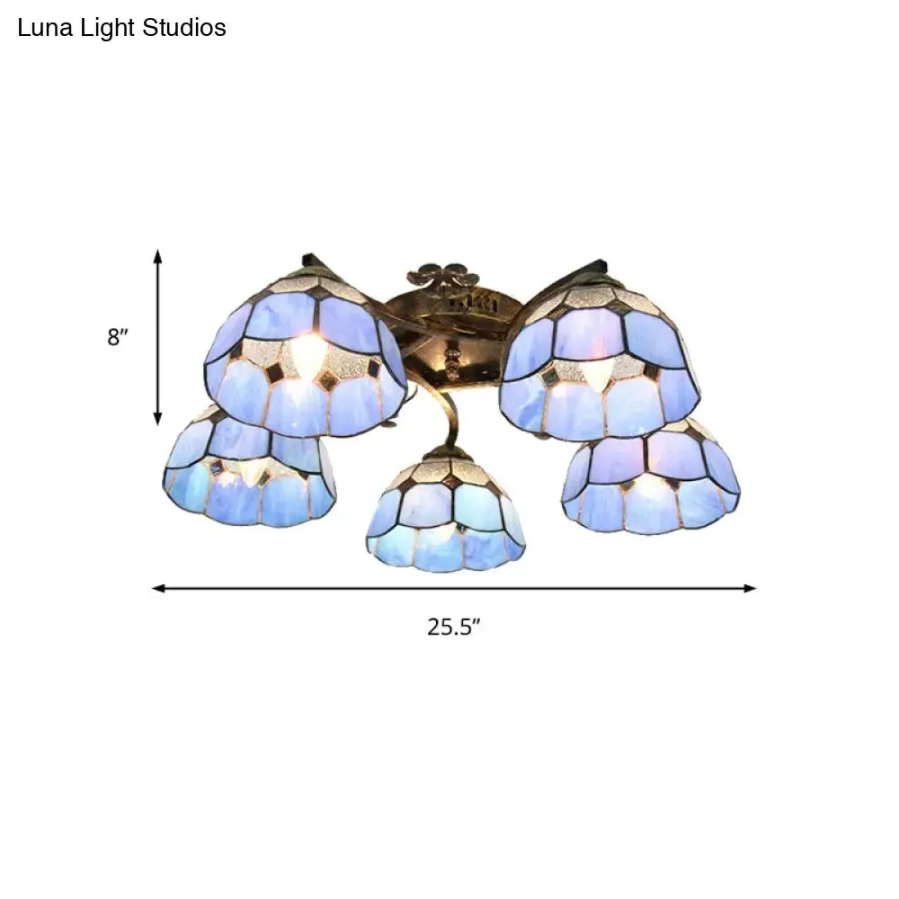 Blue tiffany stained glass ceiling light with 5 scalloped heads in antique bronze finish by DecorBites™
