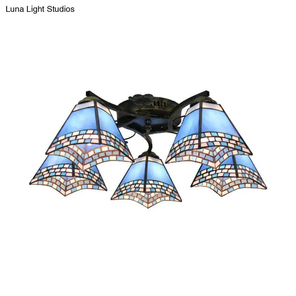DecorBites™ ceiling light with blue tiffany stained glass and antique bronze frame featuring intricate mosaic patterns