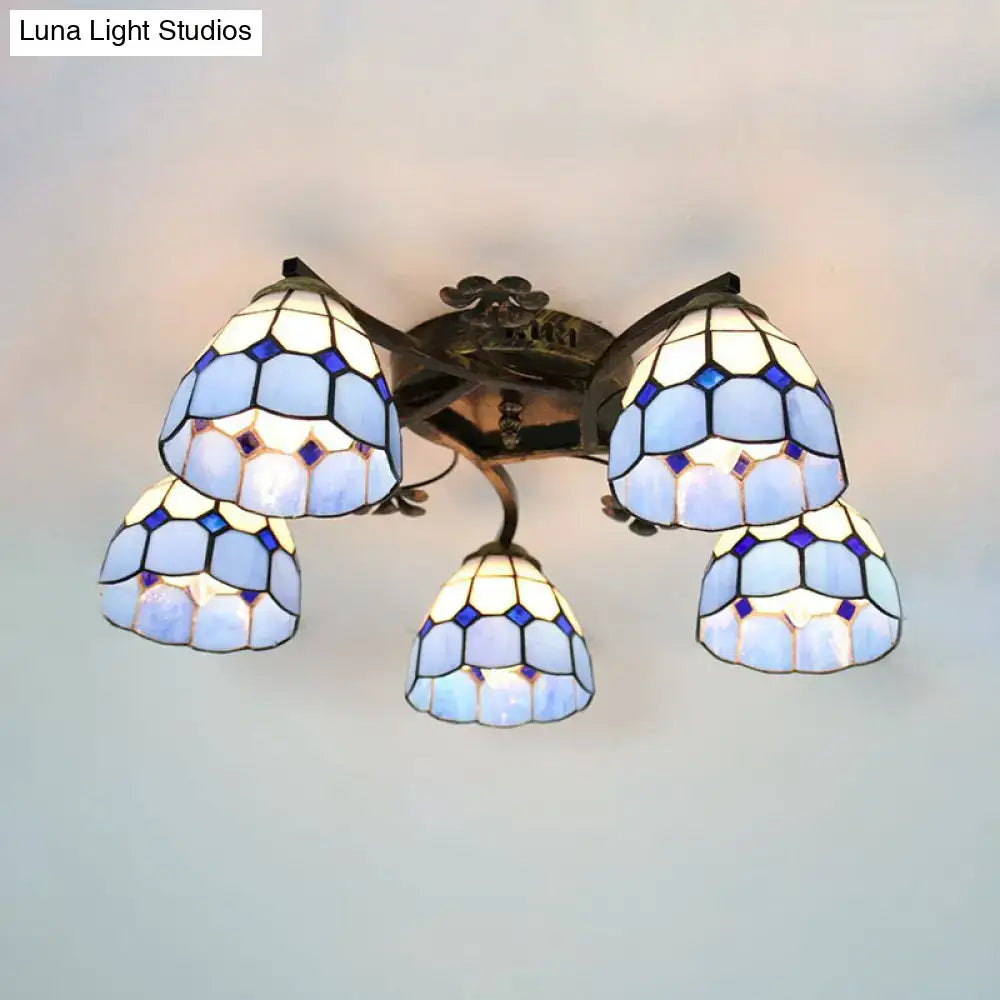 Decorbites tiffany stained glass ceiling light with blue and white scalloped heads and antique bronze finish