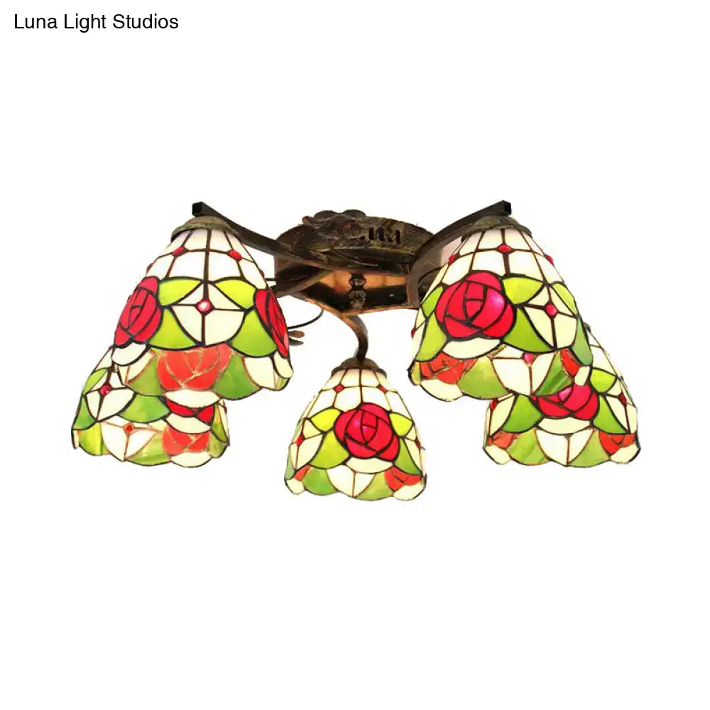 DecorBites™ tiffany stained glass ceiling light with vibrant rose-patterned panels in antique bronze frame for bedroom