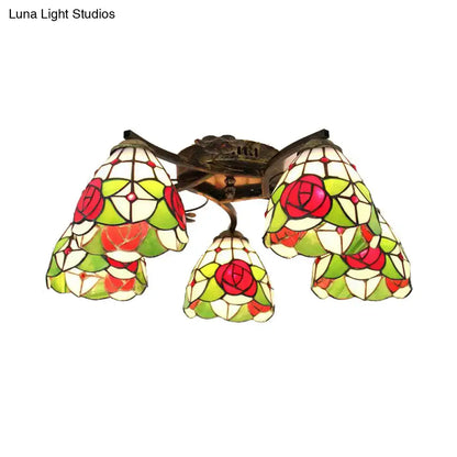 DecorBites™ tiffany stained glass ceiling light with vibrant rose-patterned panels in antique bronze frame for bedroom