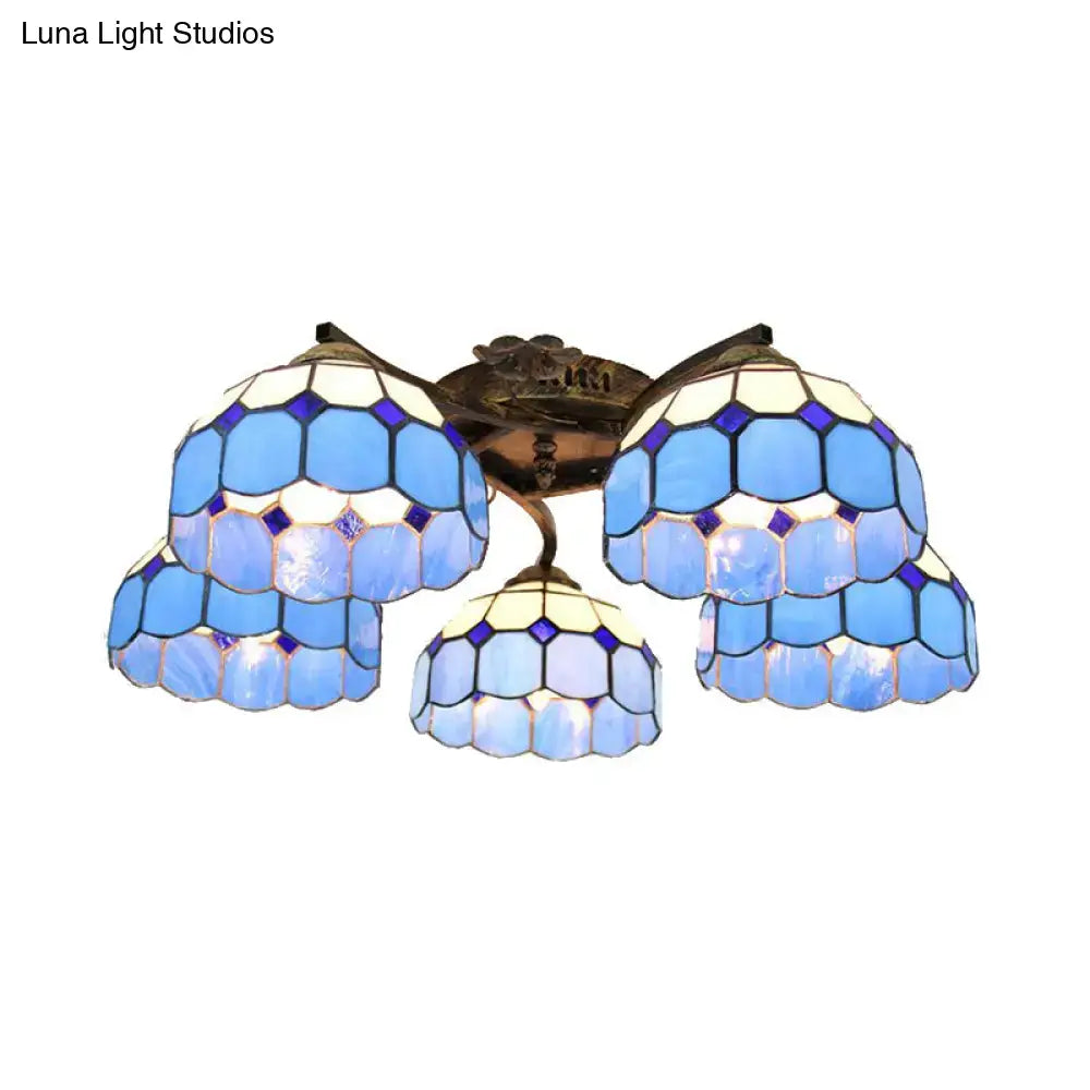 Decorbites tiffany stained glass ceiling light with 5 blue and white scalloped heads in antique bronze finish