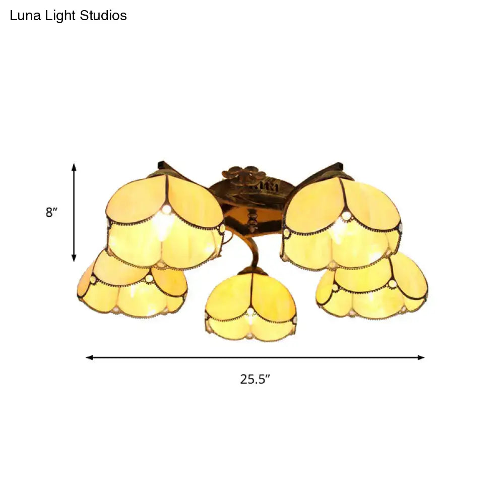 Yellow stained glass tiffany stained glass ceiling light with floral design and antique bronze finish for bedroom
