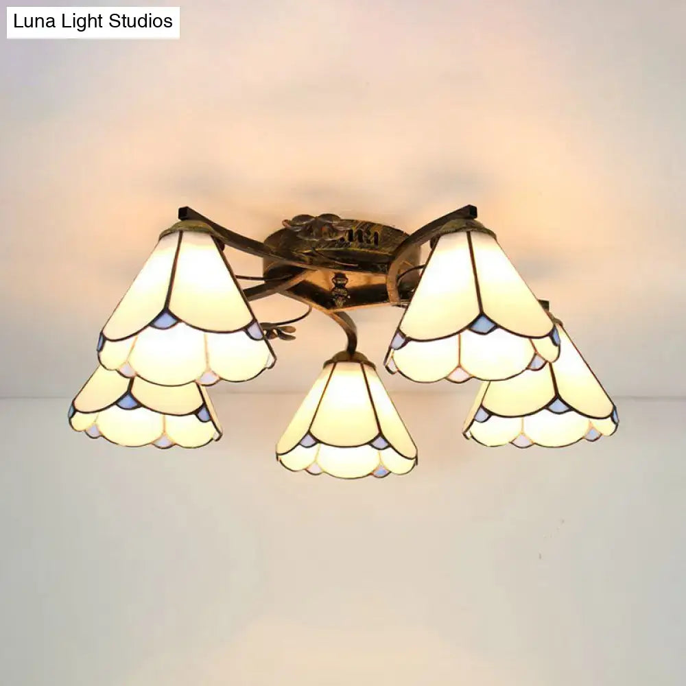 Decorbites tiffany stained glass ceiling light with five cream and pale blue shades in antique bronze frame for bedroom