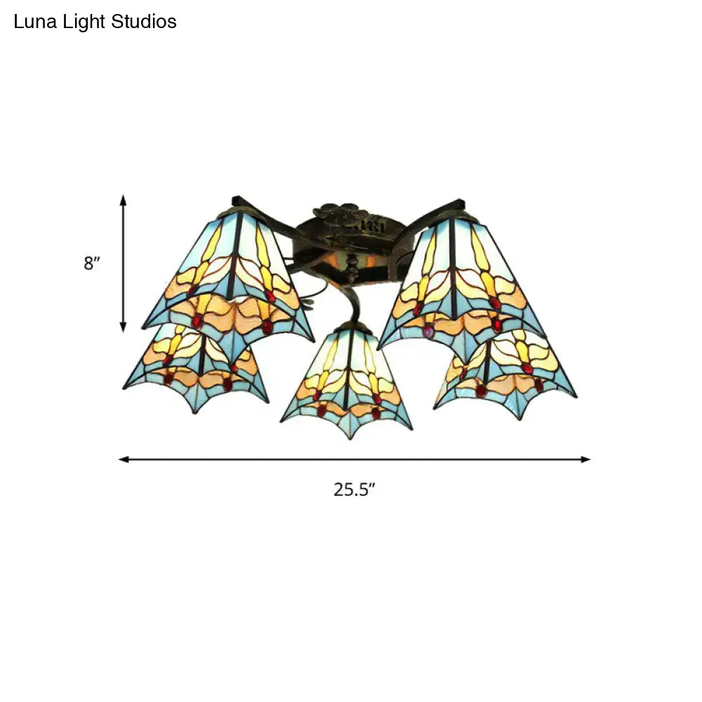 DecorBites tiffany stained glass ceiling light with five scalloped bat-shaped shades in blue yellow and orange antique bronze