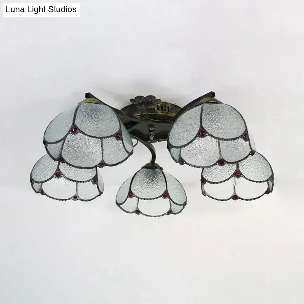 Decorbites tiffany stained glass ceiling light in antique bronze with five scalloped frosted shades and red gemstone accents