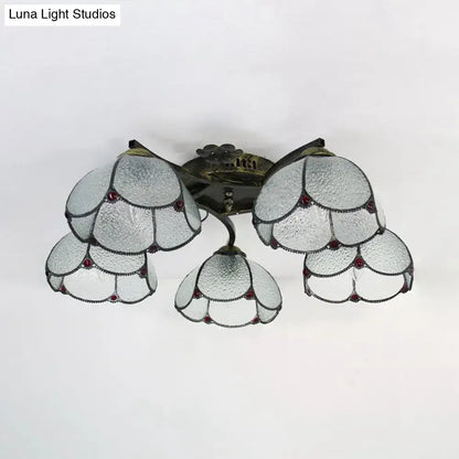 Decorbites tiffany stained glass ceiling light in antique bronze with five scalloped frosted shades and red gemstone accents