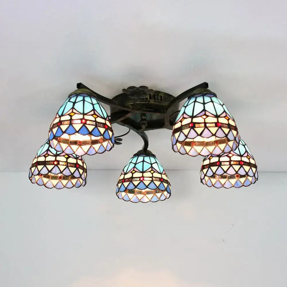 Decorbites tiffany stained glass ceiling light with five conical shades in antique bronze featuring blue and gold tones